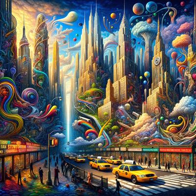 The primary subject of the image is a city street with a variety of vehicles, including cars and a bus. The setting is a busy urban environment with tall buildings and a large clock tower. The visual style is a combination of digital art and illustration, creating a vibrant and colorful scene. The colors and mood are lively and energetic, with a focus on the bustling city life.